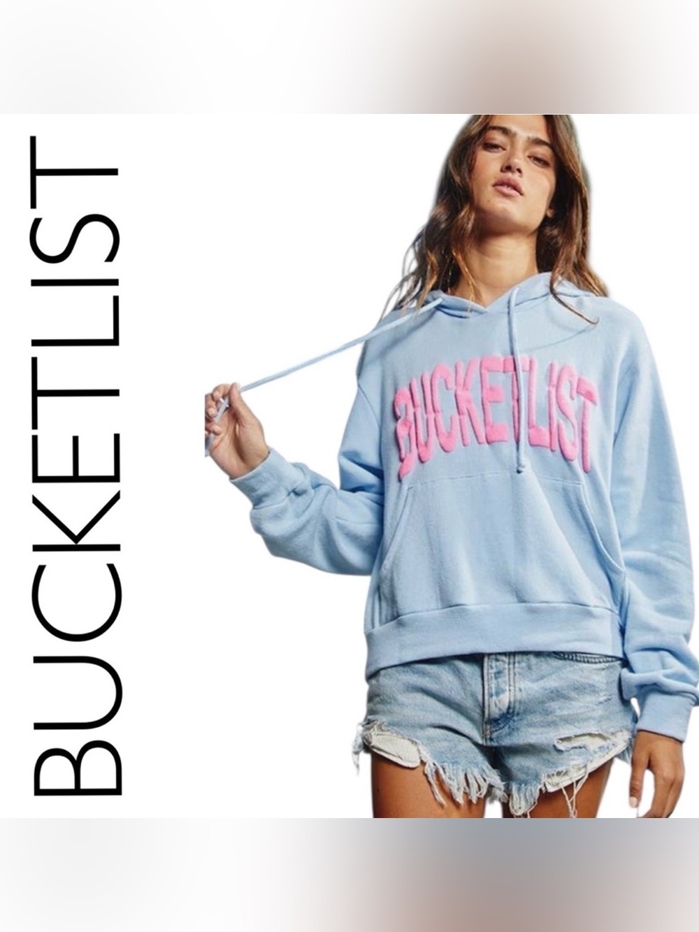 BUCKETLIST Sky Blue Hoodie with Neon Pink Text